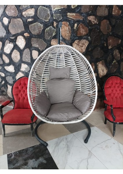 Açık Gri (Atnrasir Gri Minderli) Bahçe Balkon Tek Kişilik Makrome İp Örgü Fındık Salıncak Hamak