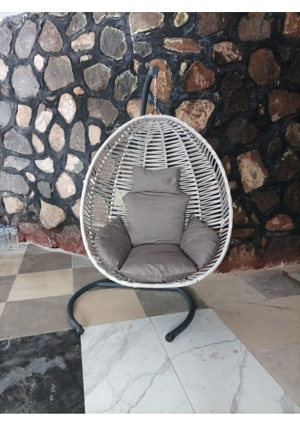 Açık Gri (Atnrasir Gri Minderli) Bahçe Balkon Tek Kişilik Makrome İp Örgü Fındık Salıncak Hamak