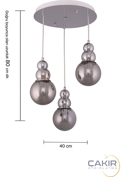 salkım 3 Lü Top Füme Camlı Gümüş ( Krom ) Sarkıt Avize