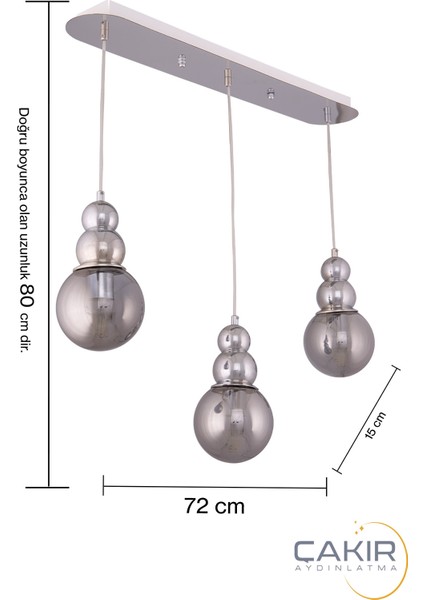Salkım 3 Lü Top Füme Camlı Gümüş ( Krom ) Sıralı Sarkıt Avize
