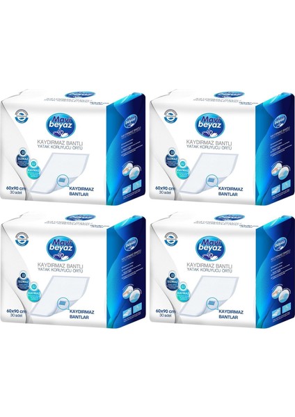 Mavi BeyazMavi Beyaz Hasta Alt Açma Yatak Koruyucu Örtü 60*90 Cm 120 Adet (4pk*30) Kaydırmaz Bantlı