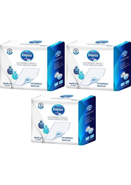 Mavi BeyazMavi Beyaz Hasta Alt Açma Yatak Koruyucu Örtü 60*90 Cm 90 Adet (3pk*30) Kaydırmaz Bantlı