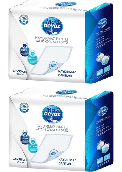 Mavi BeyazMavi Beyaz Hasta Alt Açma Yatak Koruyucu Örtü 60*90 Cm 60 Adet (2pk*30) Kaydırmaz Bantlı