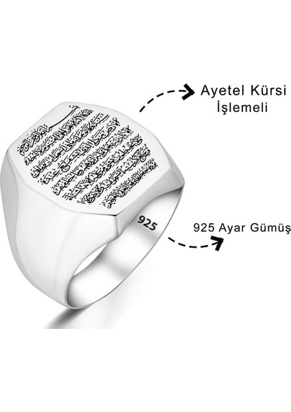 Ayetel Kürsi Işlemeli Düz Gümüş Erkek Yüzük