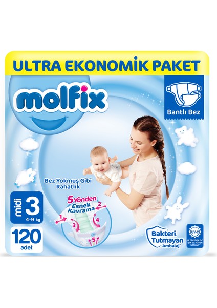 Bebek Bezi 3 Beden Midi Ultra Ekonomik Paket 120 Adet