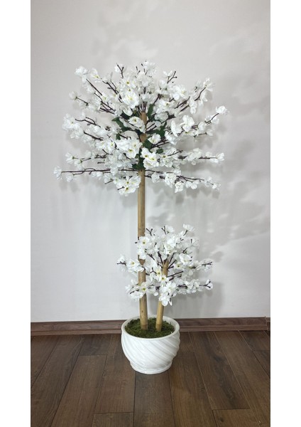 Indoor Dekor Yapay Ağaç Doğal Bambu Gövdeli Japon Ağacı  Beyaz Bahar Dalı Ağacı 125CM