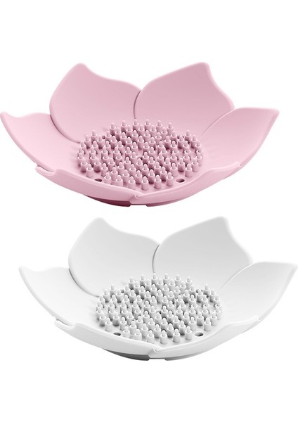2ADET Boşaltma Sabunluk Sabunluk Plaka Lotus Şekli Silikon Kutu Tutacağı Taşınabilir Sabunluklar - Pembe & Beyaz