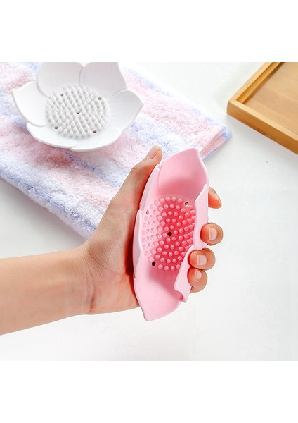 2ADET Boşaltma Sabunluk Sabunluk Plaka Lotus Şekli Silikon Kutu Tutacağı Taşınabilir Sabunluklar - Pembe & Beyaz