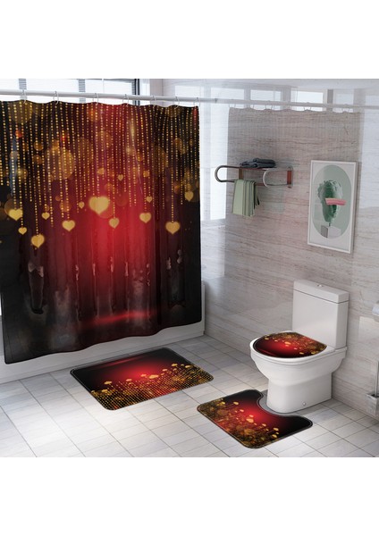 Banyo Duş Seti Su Geçirmez Banyo Perdesi Seti Klozet Örtüsü Mat Kaymaz Banyo Halısı
