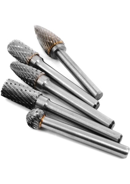 5x Tungsten Karbür Döner Kesme Çapak Seti Öğütücü Ucu 1/4 Inç (6mm) Şaft 10MM Pah Kırma Oyma Aletleri Gümüş