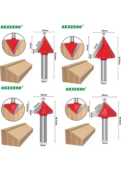 Adet 3D Cnc Gravür V Oluk Freze Uçları Seti 8mm Saplı 60 ° 90 ° 120 ° V Şekli Ağaç Işleme Eğme Kesici modelleri