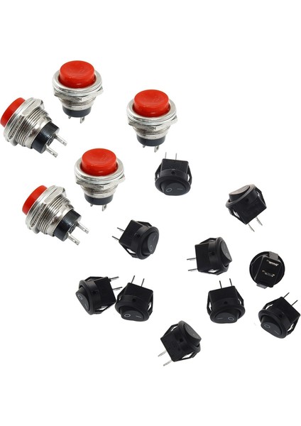 10 Adet Ac 3A/250V 6A/125V On-Off I/o Spst 2 Pinli Basmalı Anahtar ve 5 Adet Spdt Kırmızı Yuvarlak Anlık Buton Anahtarı(Yurt Dışından)