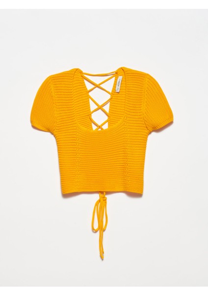 10164 Kare Yaka Arkası Bağcıklı Kısa Kol Kazak-Kavuniçi