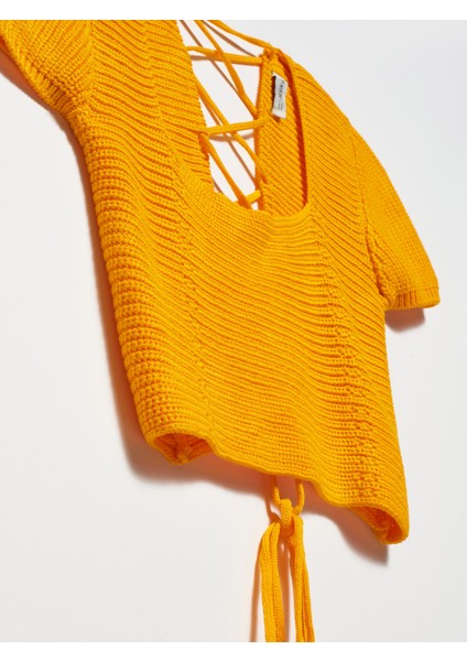 10164 Kare Yaka Arkası Bağcıklı Kısa Kol Kazak-Kavuniçi modelleri