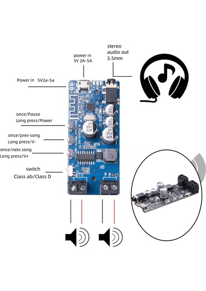 Bluetooth 5.0 Amplifikatör Kurulu Dijital 2X5W Laptop Siyah Için Kablosuz Çift Kanal (Yurt Dışından)