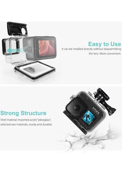 Vamson Gopro Hero 10 9 Için 60M Sualtı Su Geçirmez Kılıf ve Lens Kapağı