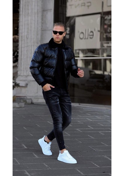 Erkek Dar Kesim Parlak Şişme Deri Mont fiyatları