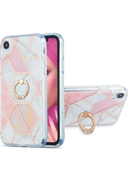 iPhone Xr Döner Standlı Tpu Galvanik Mermer Desenli 2.0mm Imd Iml Telefon Kılıfı Pembe-Beyaz (Yurt Dışından)