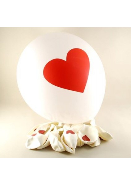 Kırmızı Kalp Baskılı Beyaz Balon 12 Inç 10 Adet