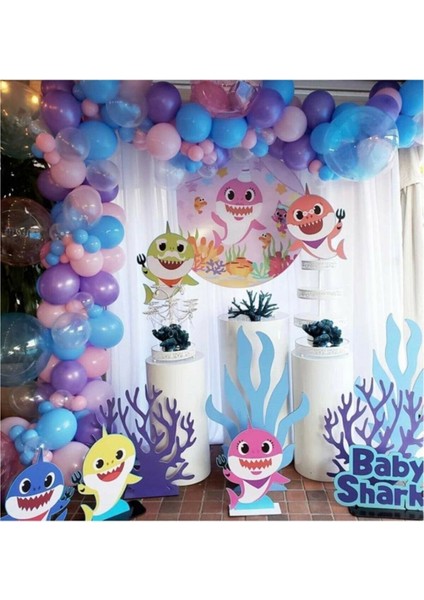 100 Adet Mor Pembe Mavi Şeffaf Baby Shark Temalı Balon Konsepti ve Balon Zinciri