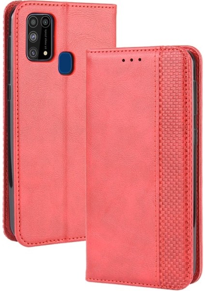 Galaxy M31 Manyetik Retro Deri Cüzdan Tasarımlı Telefon Kılıfı Kırmızı (Yurt Dışından)