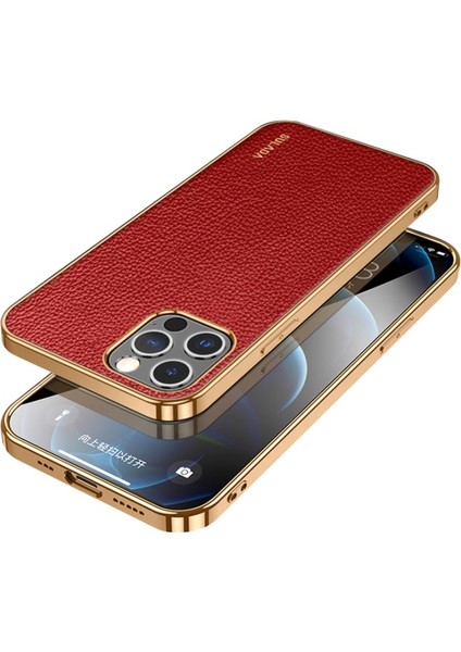 iPhone 13 Pro Için Litchi Doku Galvanik Çerçeveli Pu Deri Kaplamalı Telefon Kılıfı - Kırmızı (Yurt Dışından)