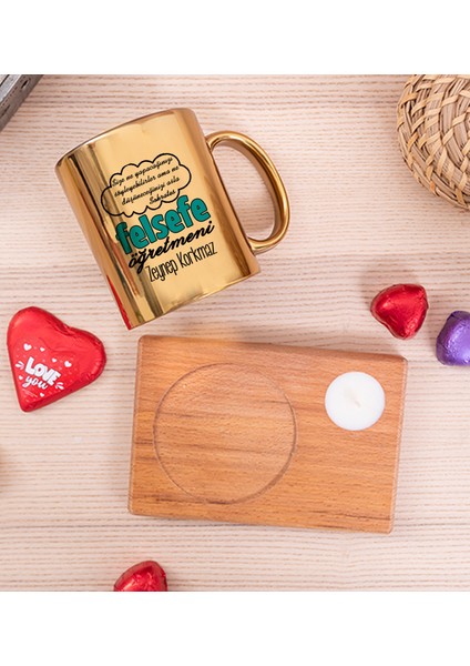 Kişiye Özel Felsefe Öğretmeni Ahşap Altlıklı Mumlu Gold Kupa Bardak fiyatları