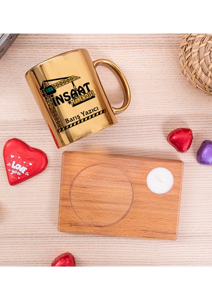 Kişiye Özel İnşaat Mühendisi Ahşap Altlıklı Mumlu Gold Kupa Bardak fiyatları