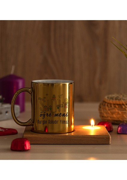 Kişiye Özel Sınıf Öğretmeni Ahşap Altlıklı Mumlu Gold Kupa Bardak modelleri