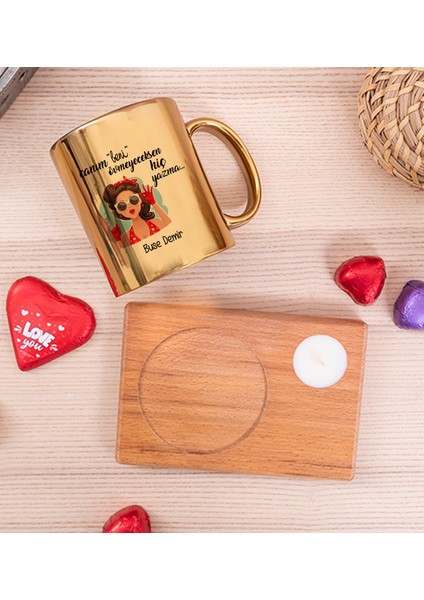 Kişiye Özel Övmeyeceksen Hiç Yazma Ahşap Altlıklı Mumlu Gold Kupa Bardak fiyatları