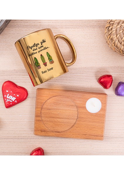 Kişiye Özel İçimi Kaktüse Çevirdiler Ahşap Altlıklı Mumlu Gold Kupa Bardak fiyatları