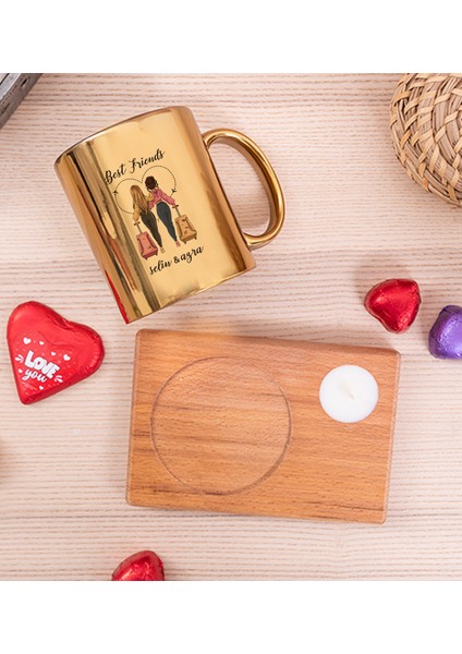 Kişiye Özel Best Friends Ahşap Altlıklı Mumlu Gold Kupa Bardak fiyatları
