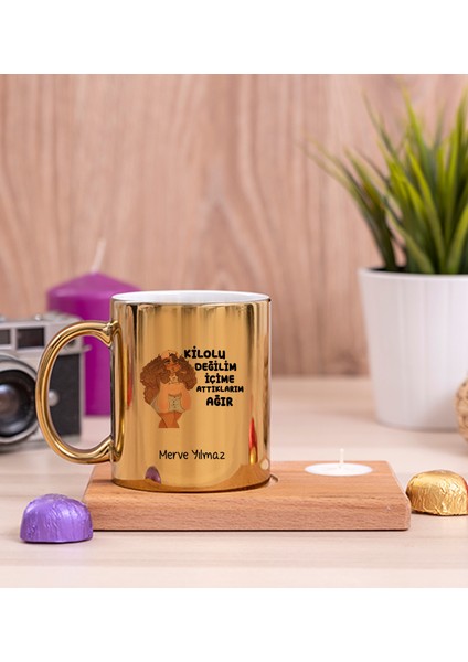 Kişiye Özel İçime Attıklarım Ağır Ahşap Altlıklı Mumlu Gold Kupa Bardak