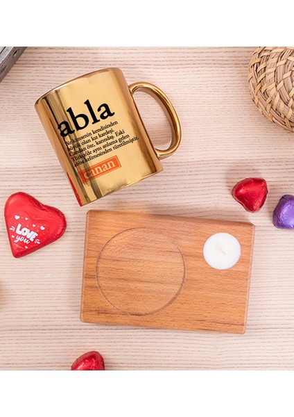 Kişiye Özel Abla Kelime Anlamı Ahşap Altlıklı Mumlu Gold Kupa Bardak fiyatları