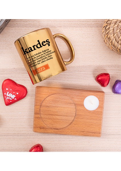 Kişiye Özel Kardeş Kelime Anlamı Ahşap Altlıklı Mumlu Gold Kupa Bardak fiyatları