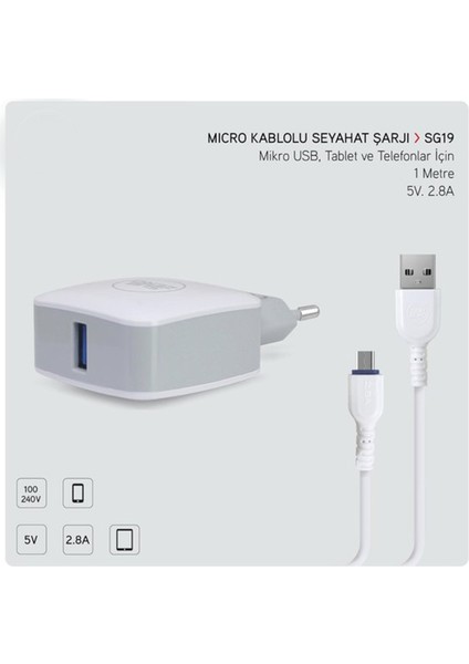 Hızlı Şarj Aleti Micro USB 2.8A Samsung, Lg, Android Lüx Ev Tipi Şarj Cihaz SG19