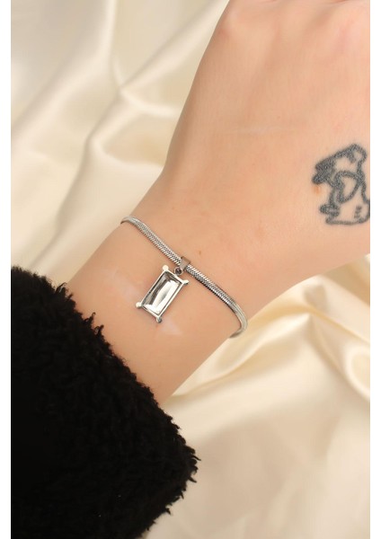 Çelik Altın Renk Dikdörtgen Taşlı Italyan Zincirli Bileklik