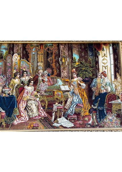 Fransız Aile Toplantısı Temalı Iran Tebriz Halı Tablo 123X93 cm - Duvar Halı Kilim Tablo fiyatları