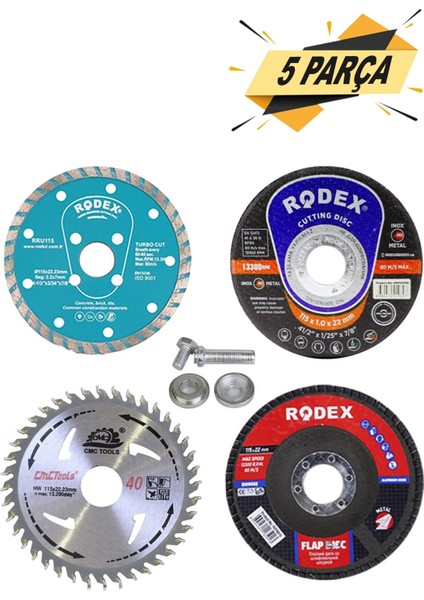 5 Parça Mermer Inox Ahşap Metal Flap Kesici Kesme Disk Spiral Avuç Içi Taşlama Seti 115 mm