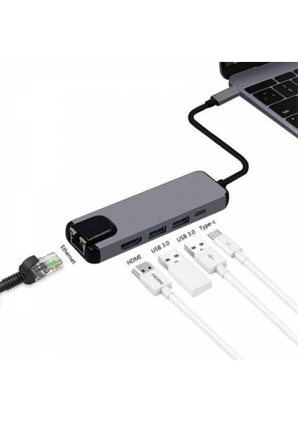 Polham USB 3.1 Type C To HDMI 2xusb 3.0 RJ45 Ethernet Dönüştürücü Adaptör Ipad Macbook Dönüştürüc