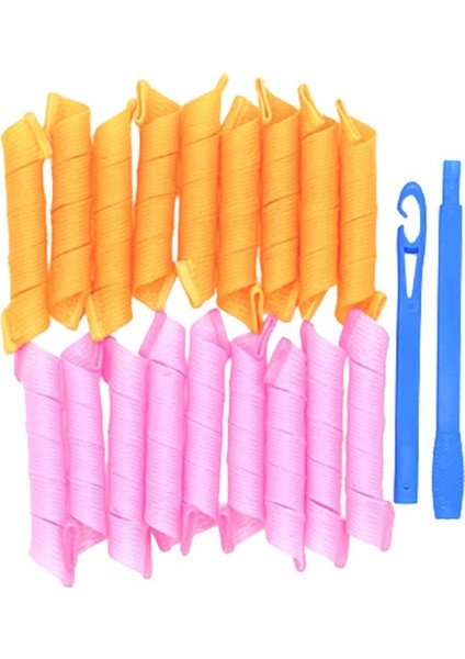 18 Adet Saç Curlers Spiral Bukleler Dıy Saç Şekillendirici Araçları + Kanca Pembe Turuncu Pembe Turuncu Baoblaze