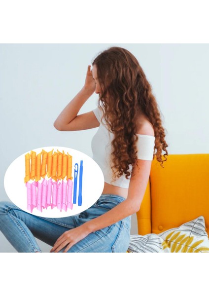 18 Adet Saç Curlers Spiral Bukleler Dıy Saç Şekillendirici Araçları + Kanca Pembe Turuncu Pembe Turuncu Baoblaze