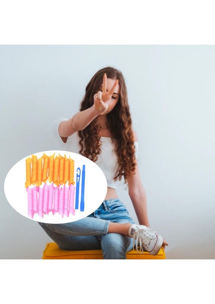 18 Adet Saç Curlers Spiral Bukleler Dıy Saç Şekillendirici Araçları + Kanca Pembe Turuncu Pembe Turuncu Baoblaze