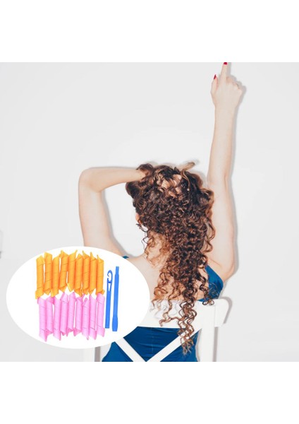 18 Adet Saç Curlers Spiral Bukleler Dıy Saç Şekillendirici Araçları + Kanca Pembe Turuncu Pembe Turuncu Baoblaze