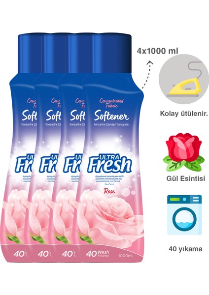 Ultra Fresh Çamaşır Yumuşatıcısı Gül 4 x 1000 ml