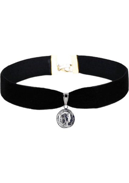 Siyah Renk Kadife Kadın Madalyon Choker Kolye