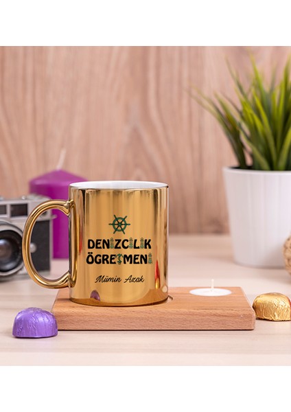 Kişiye Özel Denizcilik Öğretmeni Ahşap Altlıklı Mumlu Gold Kupa Bardak