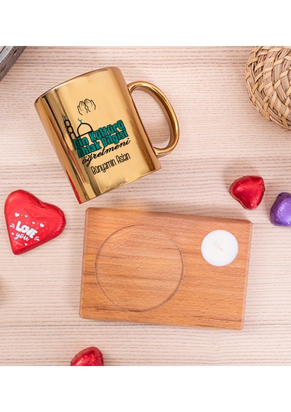 Kişiye Özel Din Kültürü ve Ahlak Bilgisi Öğretmeni Ahşap Altlıklı Mumlu Gold Kupa Bardak fiyatları