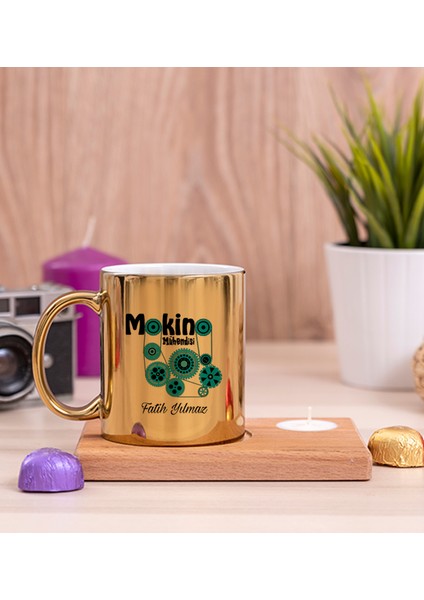 Kişiye Özel Makine Mühendisi Ahşap Altlıklı Mumlu Gold Kupa Bardak