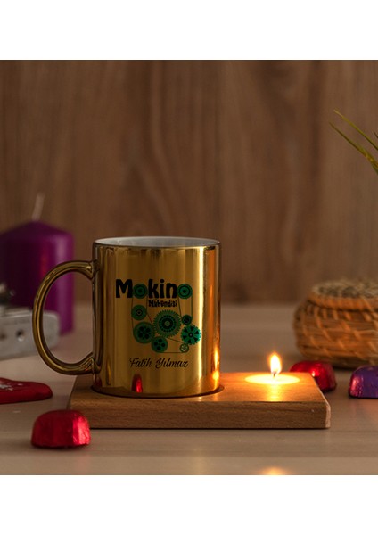 Kişiye Özel Makine Mühendisi Ahşap Altlıklı Mumlu Gold Kupa Bardak modelleri